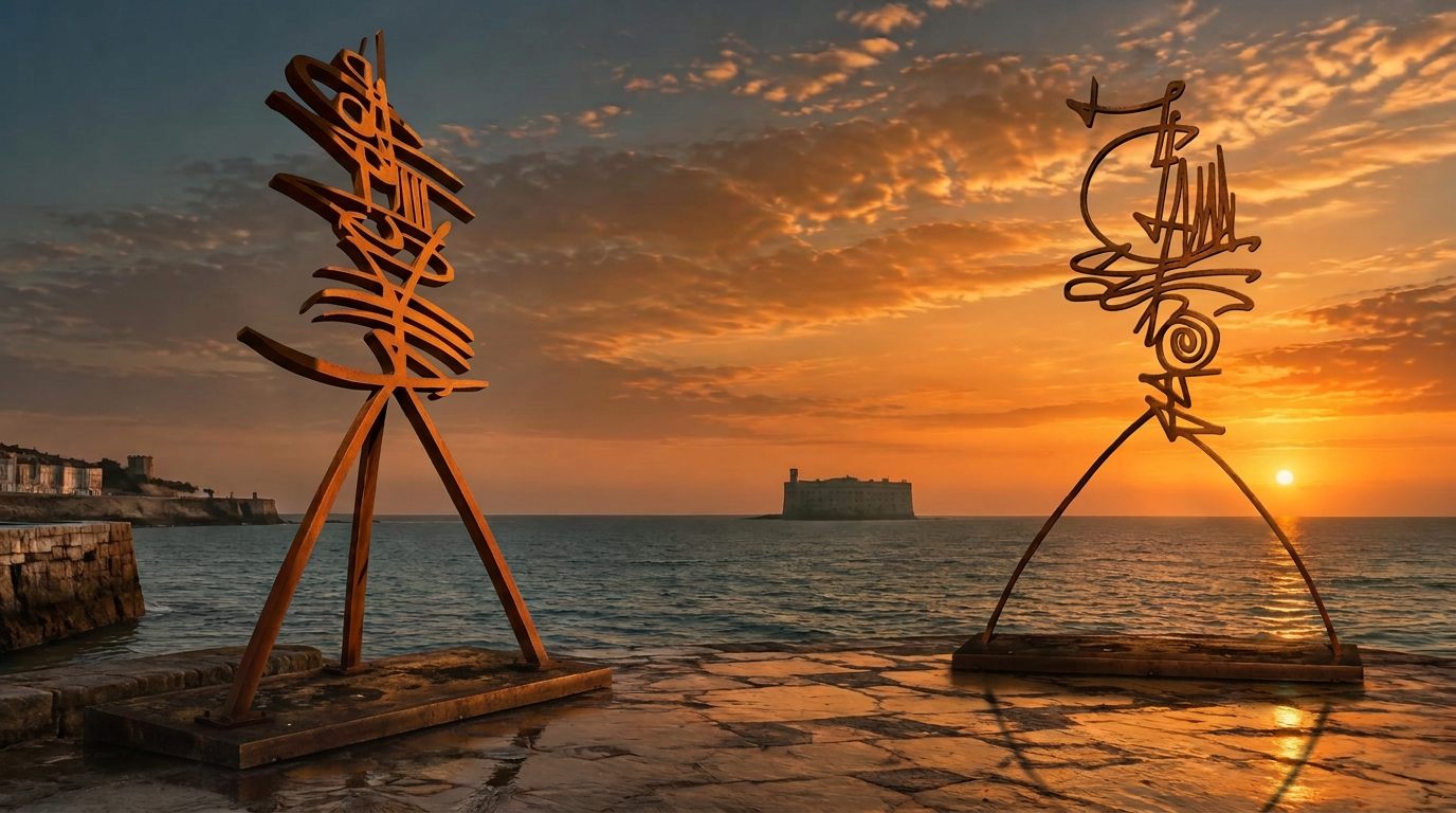 Photomontage de deux œuvres de référence de Rachid Koraïchi face à Fort Boyard, au coucher du soleil